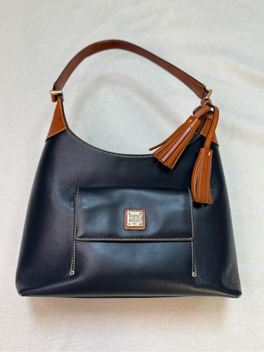 Dooney & Bourke Dark Blue & Tan Leather Shoulder Bag with Tassels & Dust Bag EUC